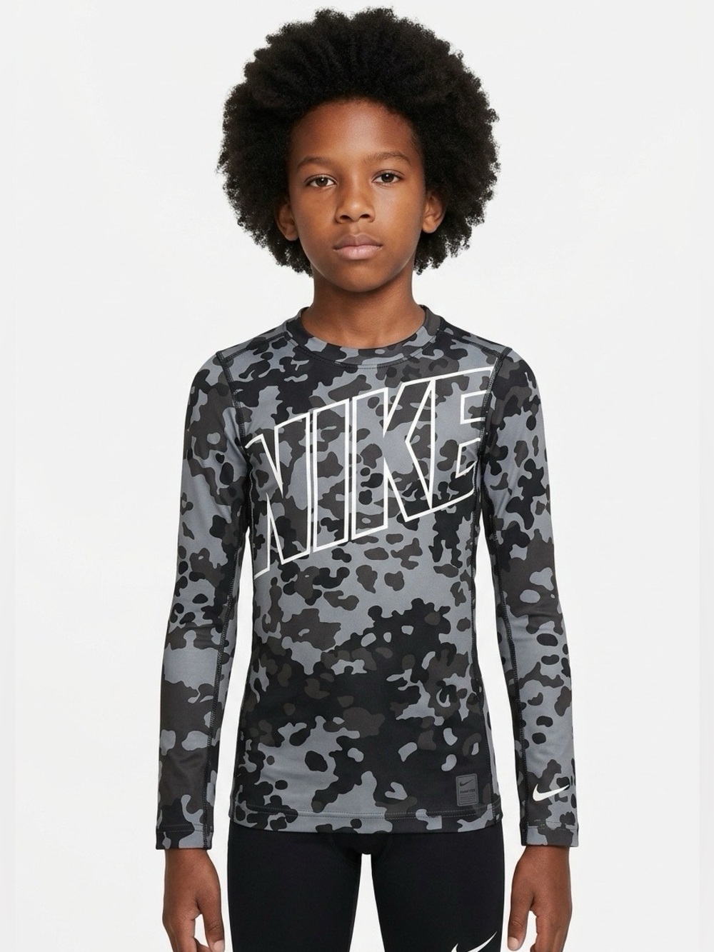 Nike Pro Dri-FIT Boys XL Camo Compression Shirt Black Gray Long Sleeve